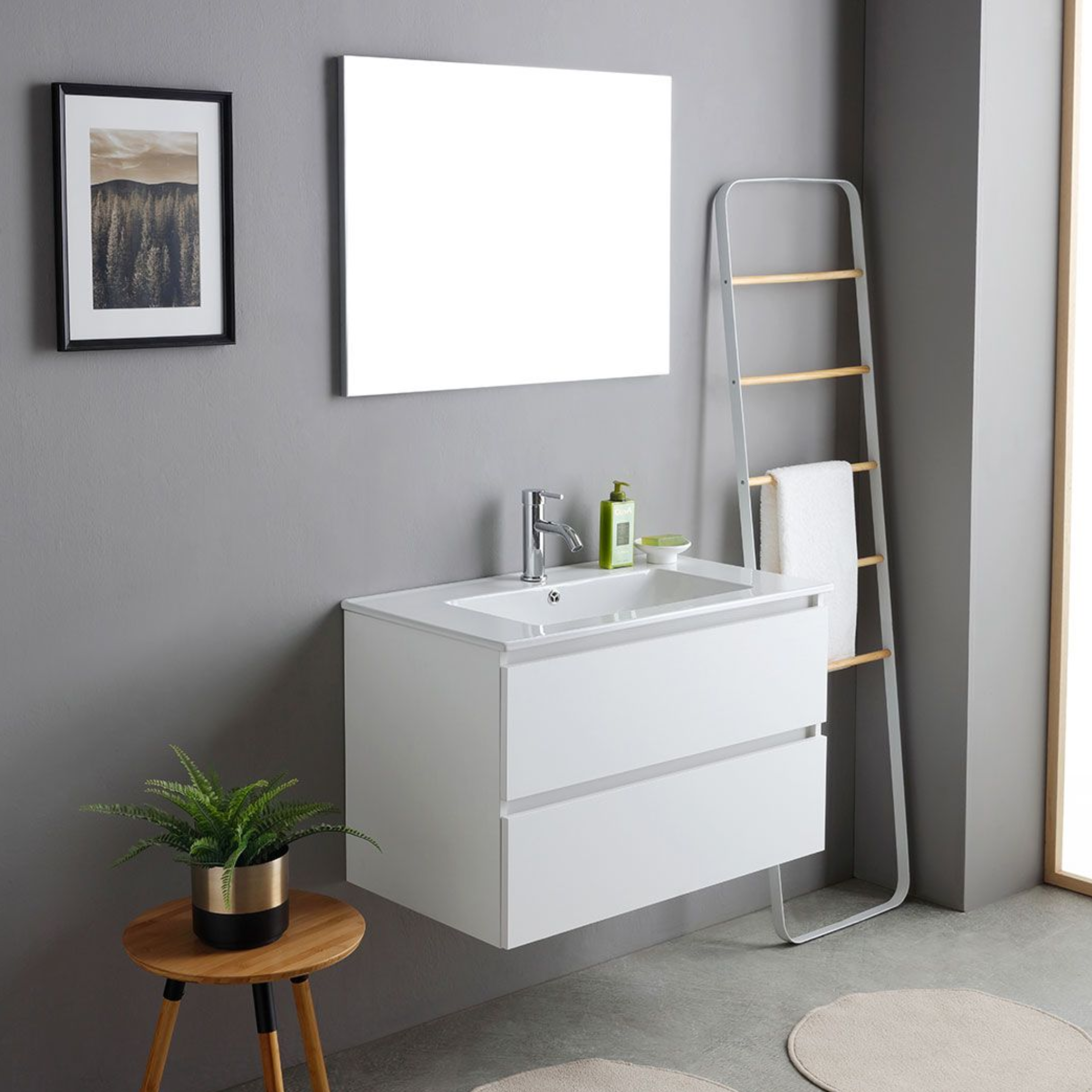 Mobile bagno bianco "Havana Plus" sospeso 2 cassetti base con specchio lavabo integrato in ceramica 80 cm