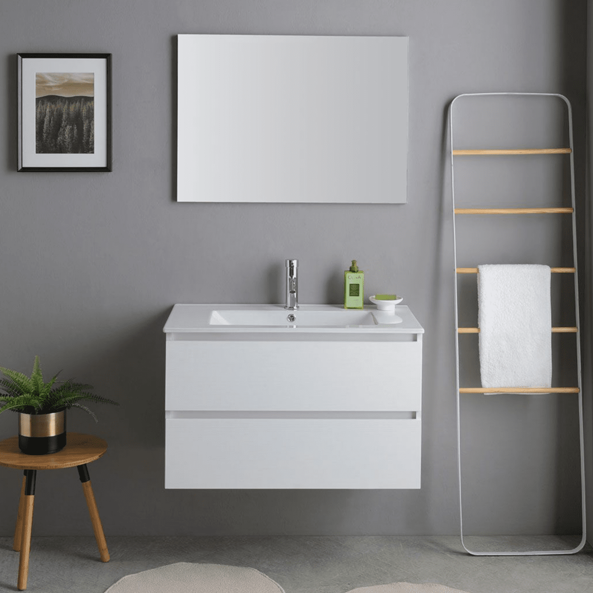 Mobile bagno bianco "Havana Plus" sospeso 2 cassetti base con specchio lavabo integrato in ceramica 80 cm - MondoViro