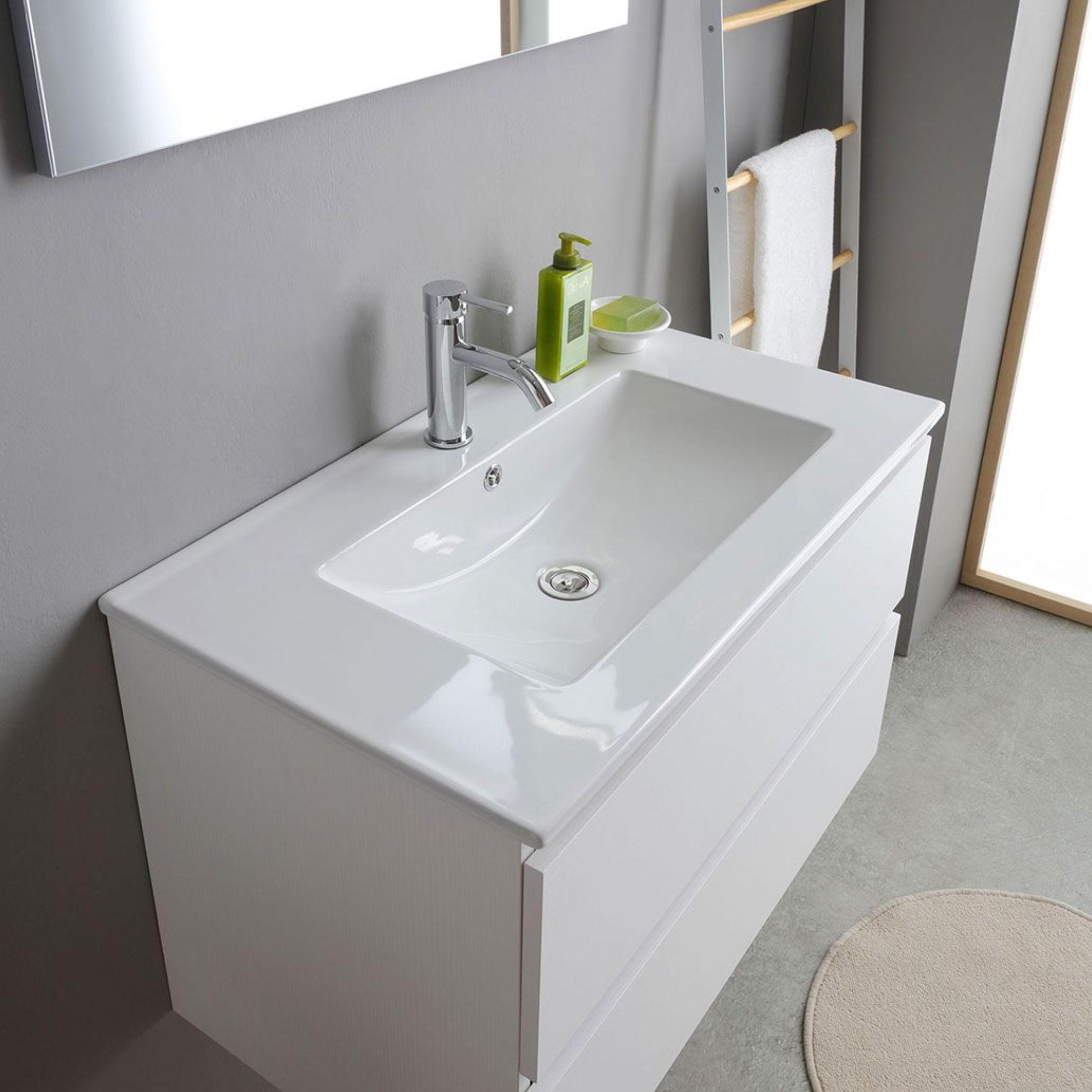 Mobile bagno bianco "Havana Plus" sospeso 2 cassetti base con specchio lavabo integrato in ceramica 80 cm