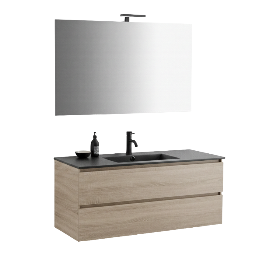 Mobile bagno sospeso 2 cassetti "Berlino120" color rovere con lavabo nero e specchio