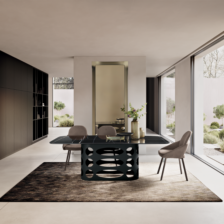 Tavolo fisso da pranzo "Core" con piano in ceramica effetto marmo lucido e base con trafori in metallo verniciato cm 210x110 75h