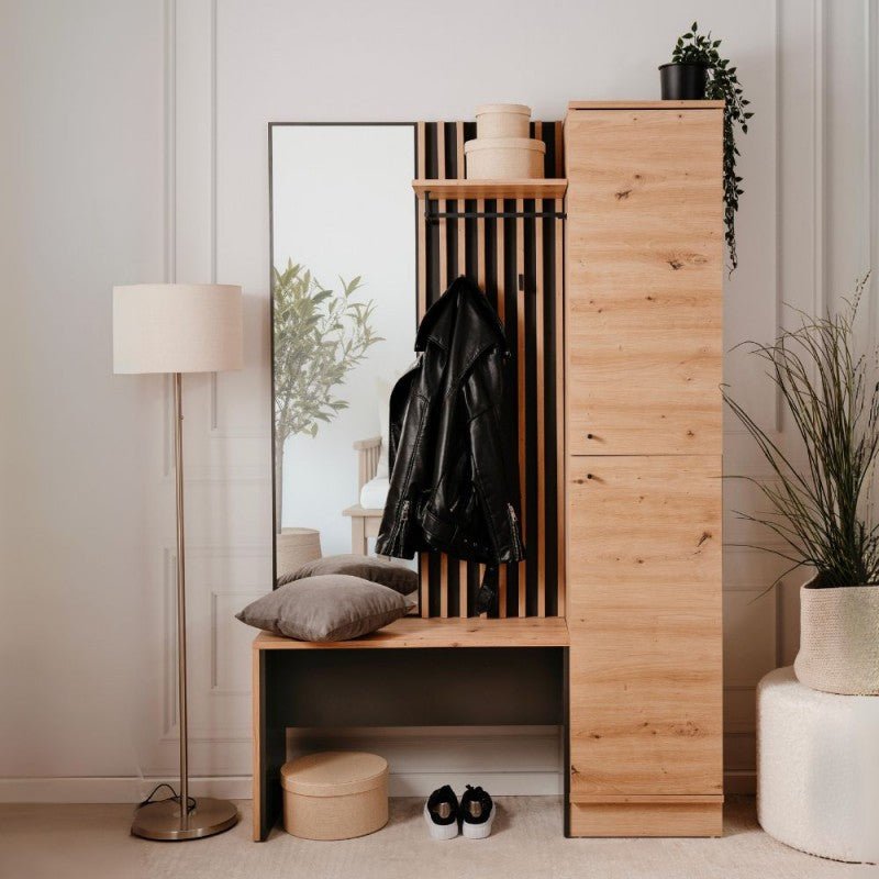 Mobile ingresso appendiabiti "Medan2" cannettato con panca e specchio - MondoViro