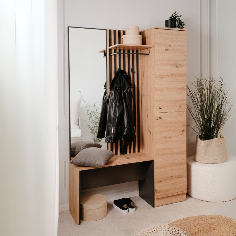 Mobile ingresso appendiabiti "Medan2" cannettato con panca e specchio - MondoViro