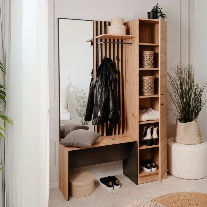 Mobile ingresso appendiabiti "Medan2" cannettato con panca e specchio - MondoViro