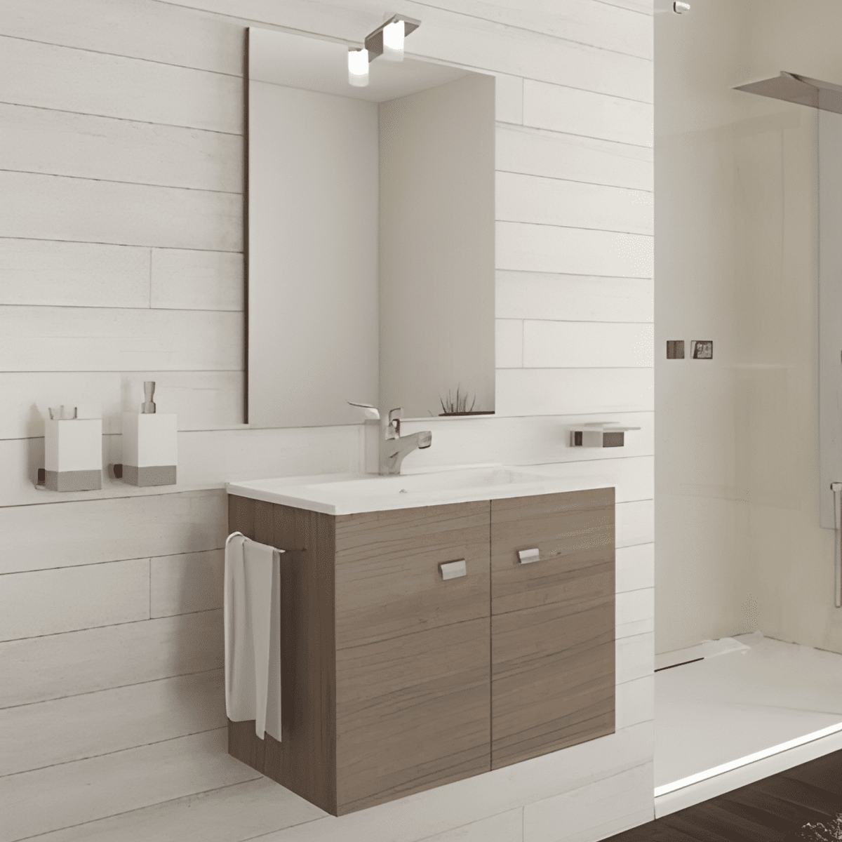 Mobile bagno sospeso "Moa60" con lavabo integrato rettangolare ante con maniglie cromate e specchio LED - MondoViro