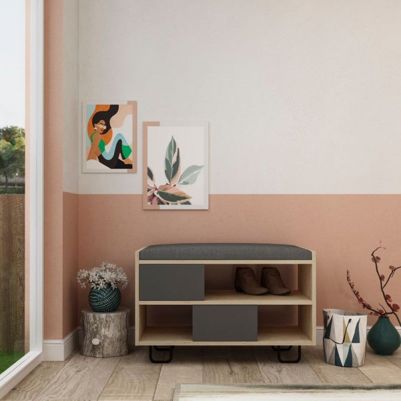 Panca scarpiera bassa "Troy" struttura rovere e ante a ribalta antracite con cuscino