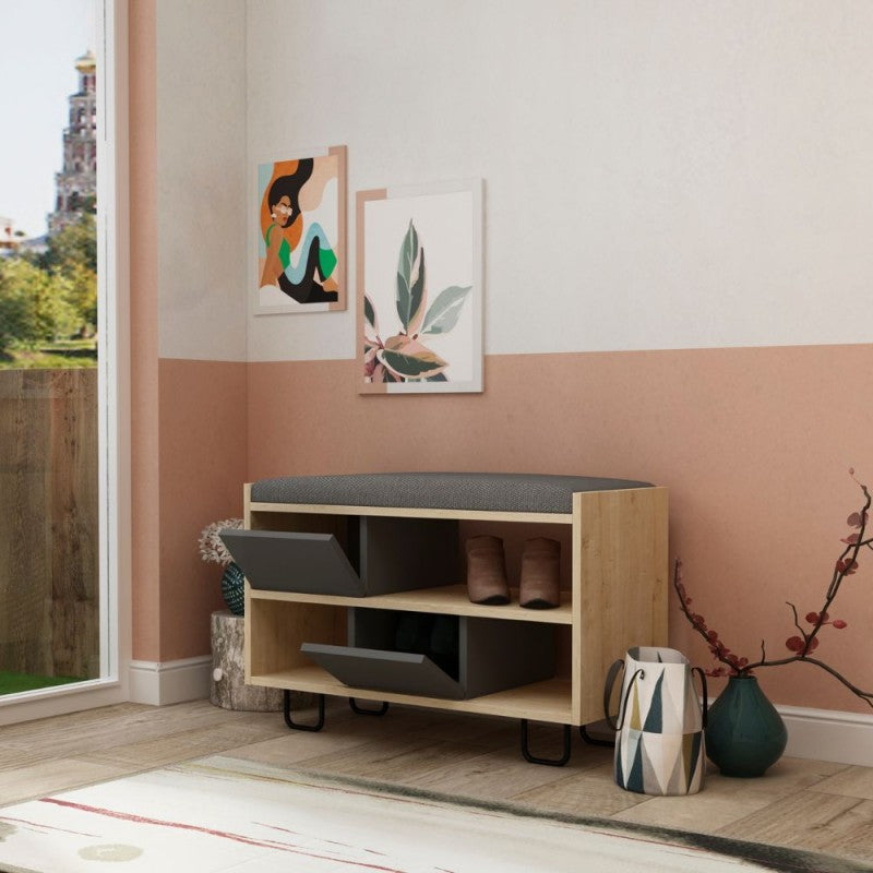 Panca scarpiera bassa "Troy" struttura rovere e ante a ribalta antracite con cuscino