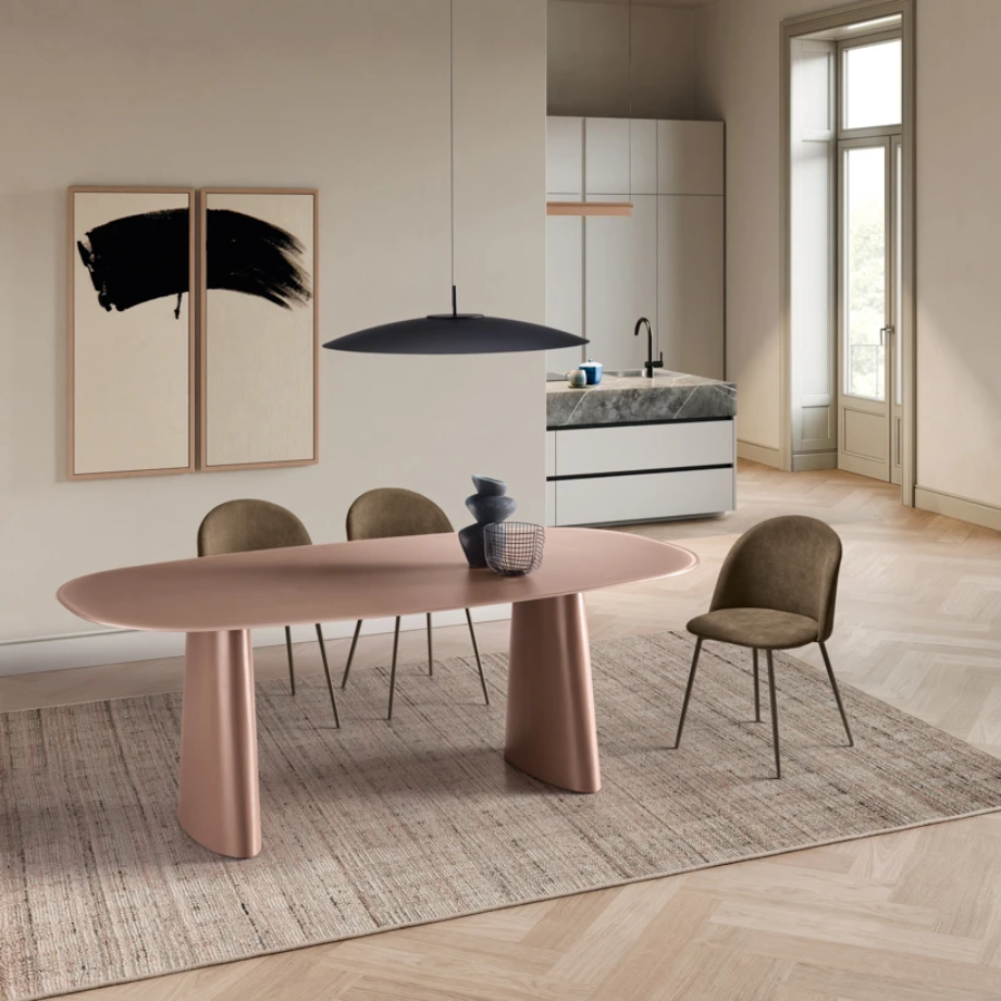 Tavolo fisso di design "Anuel" in vetro opaco e base scultorea in MDF cm 220x110 76h