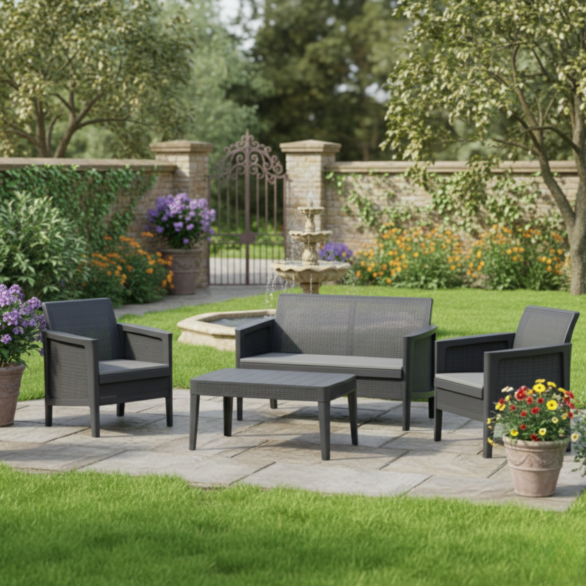 Set salottino da esterno color graphite "Atlantis" con divano 2 posti, 2 poltrone, tavolino e cuscino