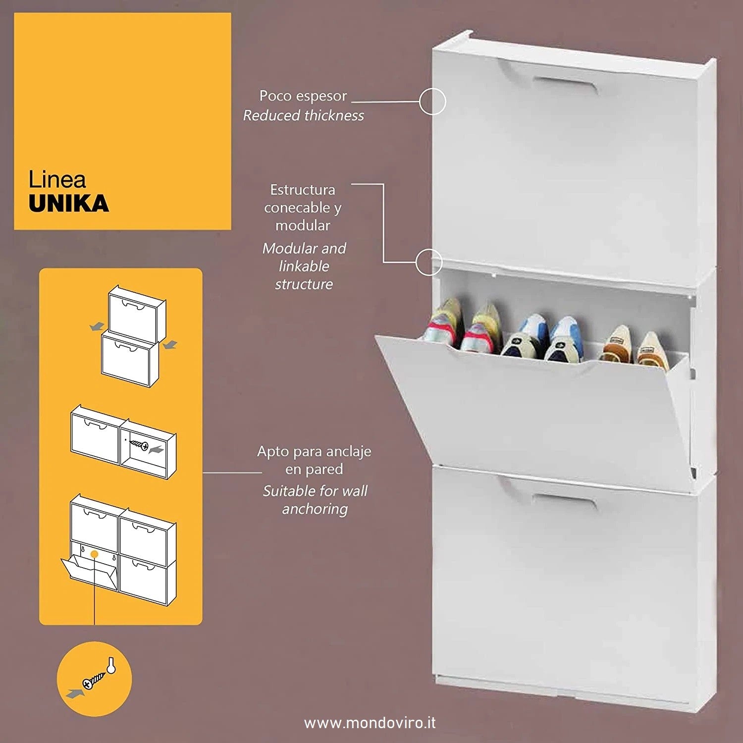 Scarpiera modulare sottile in plastica bianca impilabile cm 51x17 40h