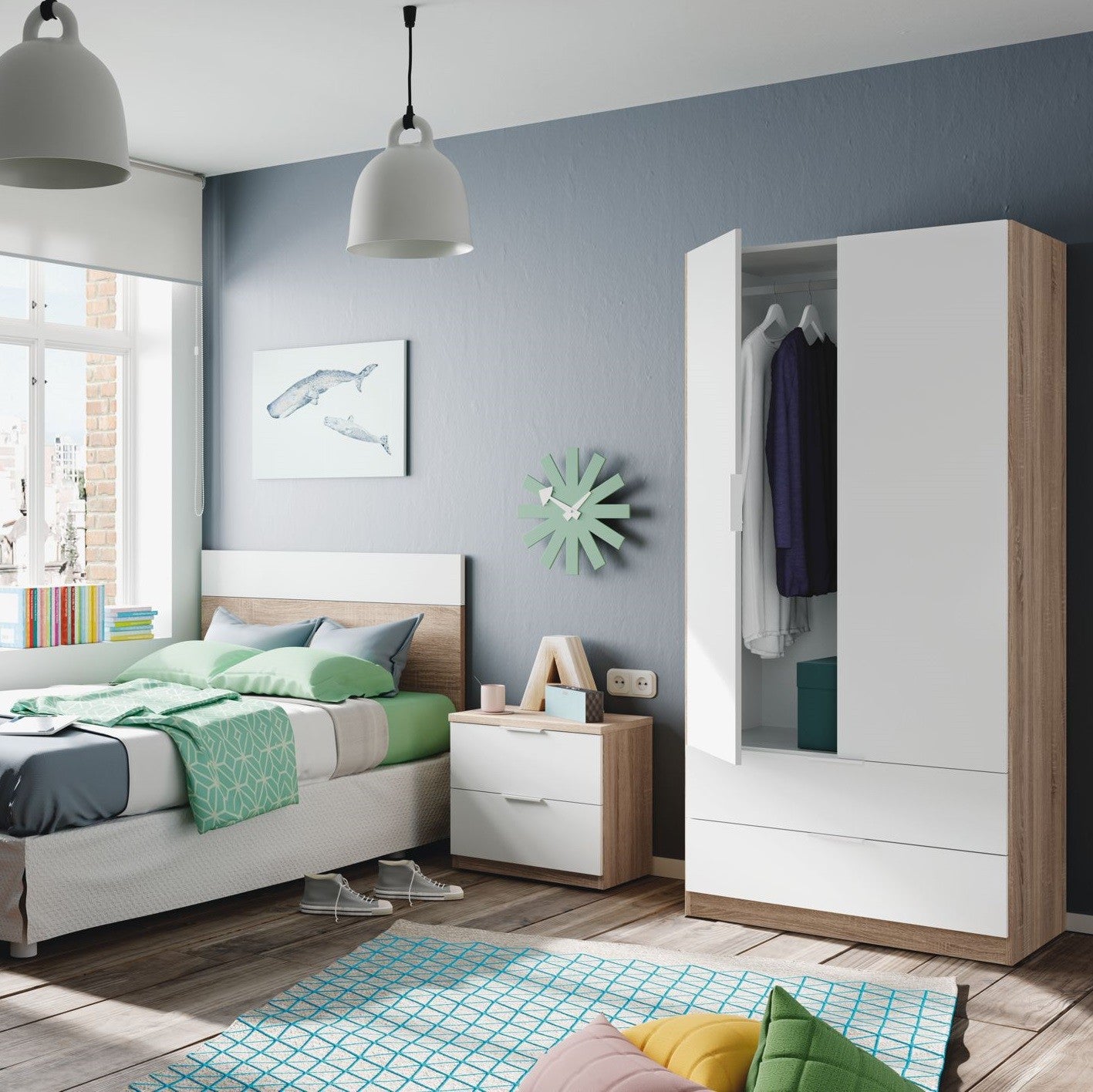 Armadio in legno bianco rovere a 2 ante con 2 cassetti cm80x52 180h